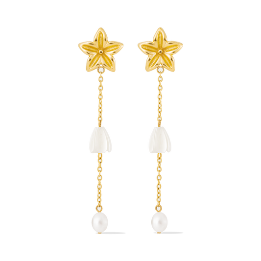 Pikake Bloom freshwater pearl earrings with pikake flower stud and cascading mother of pearl chains
