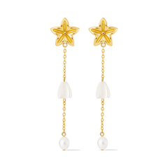 
Pikake Bloom freshwater pearl earrings with pikake flower stud and cascading mother of pearl chains