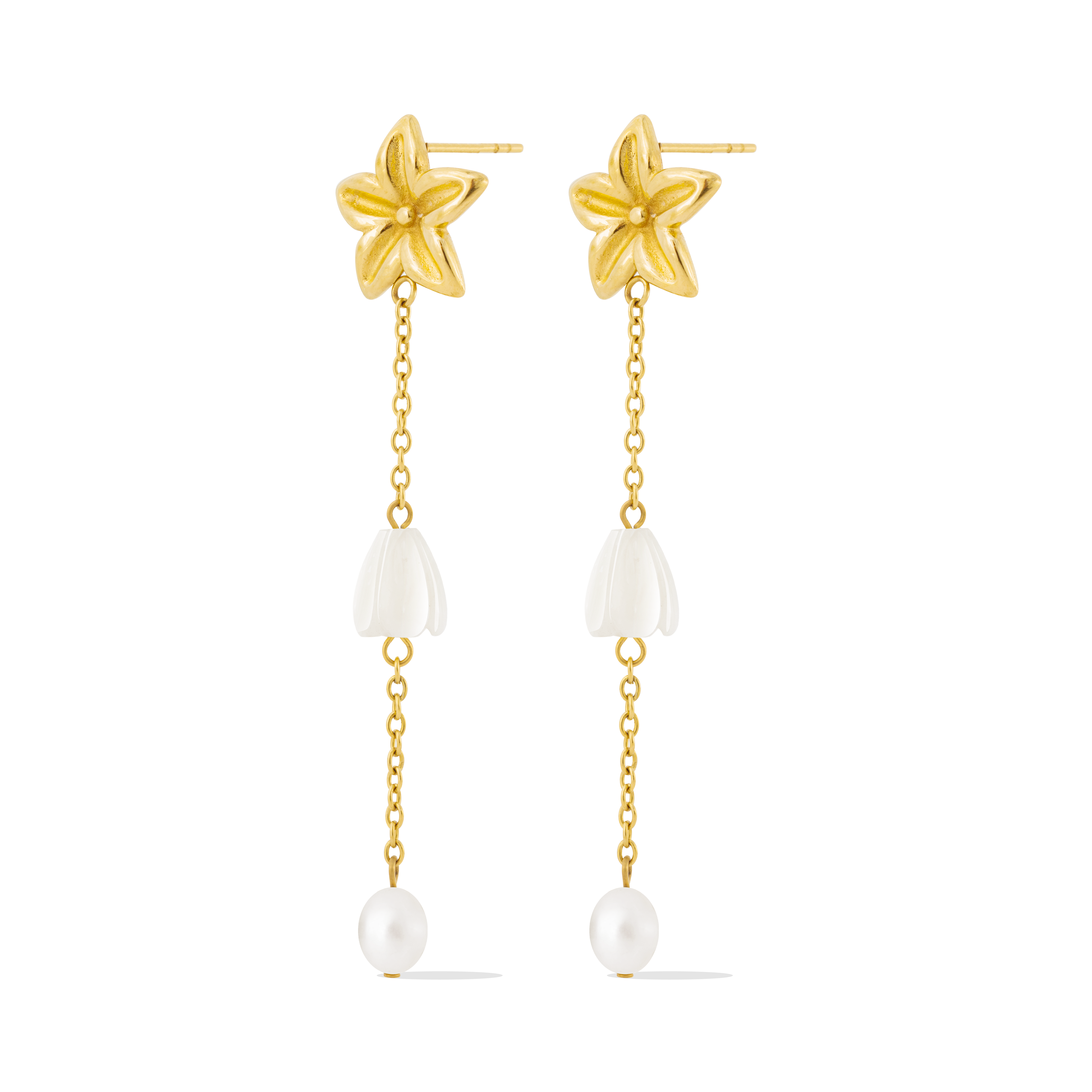 Pikake Bloom freshwater pearl earrings with pikake flower stud and cascading mother of pearl chains
