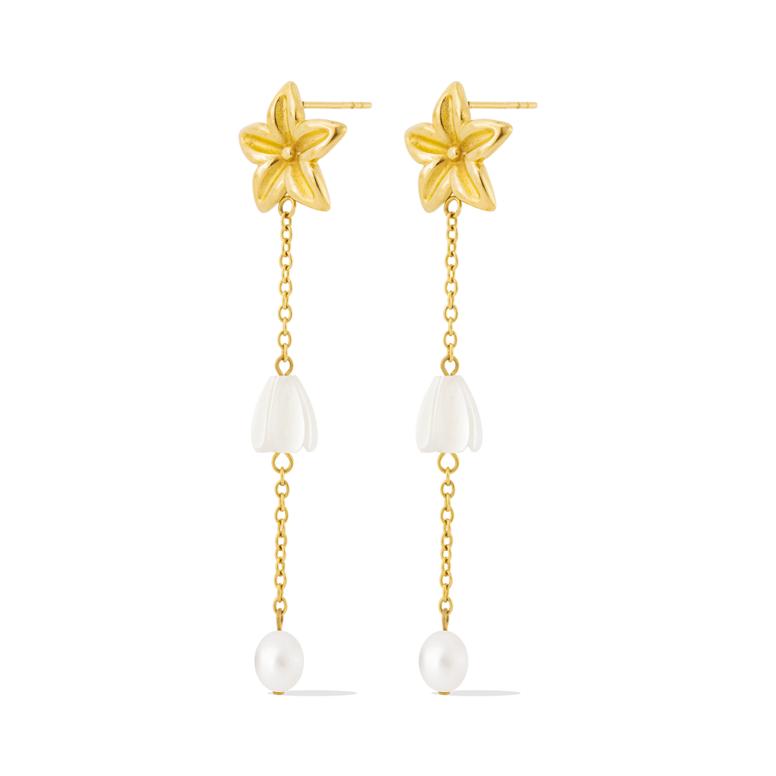 
Pikake Bloom freshwater pearl earrings with pikake flower stud and cascading mother of pearl chains