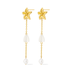 
Pikake Bloom freshwater pearl earrings with pikake flower stud and cascading mother of pearl chains
