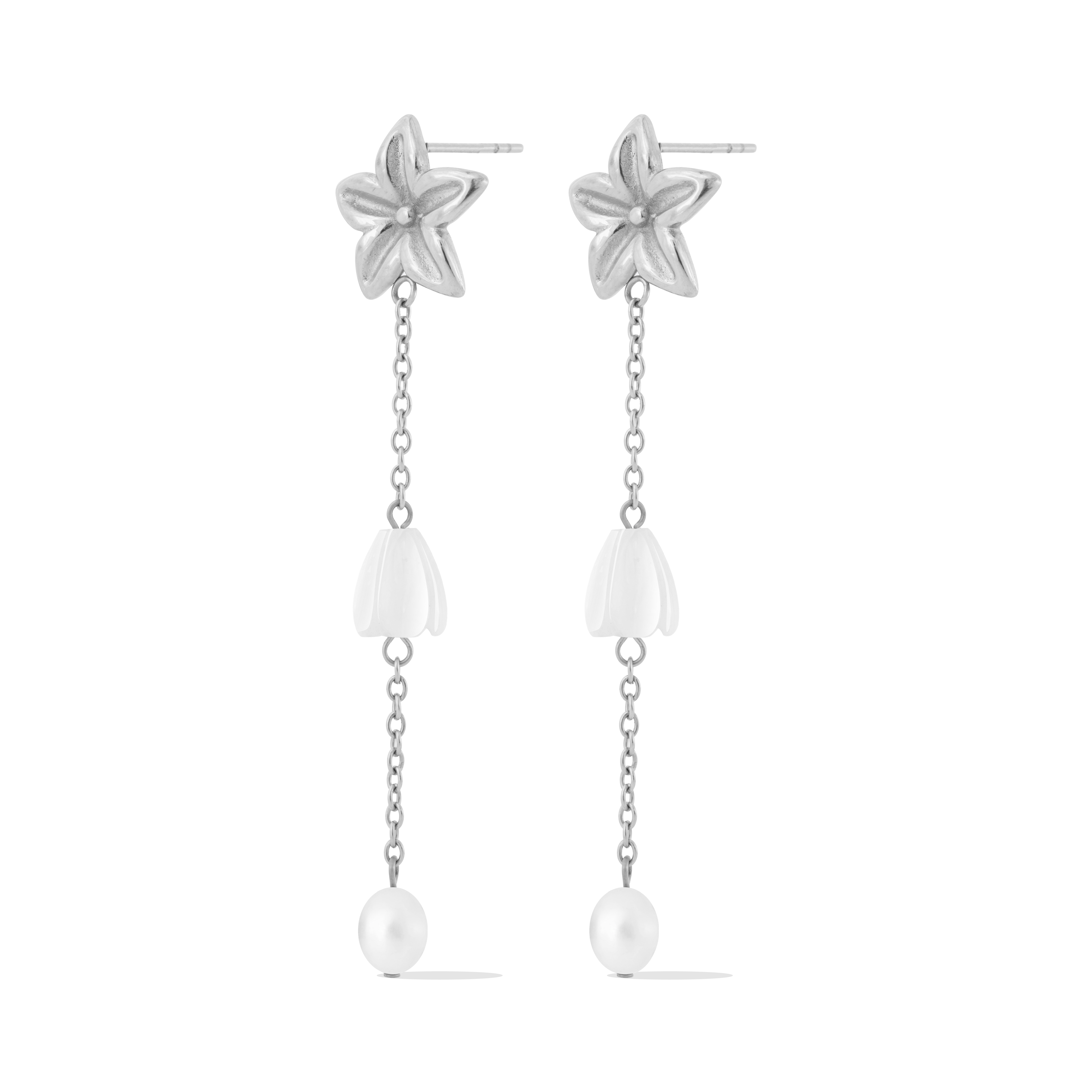 Pikake Bloom freshwater pearl earrings with pikake flower stud and cascading mother of pearl chains