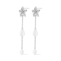 
Pikake Bloom freshwater pearl earrings with pikake flower stud and cascading mother of pearl chains