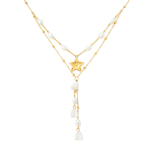 Pikake Bloom layered necklace in gold with sculpted pikake flower pendant, freshwater pearls and mother of pearl buds