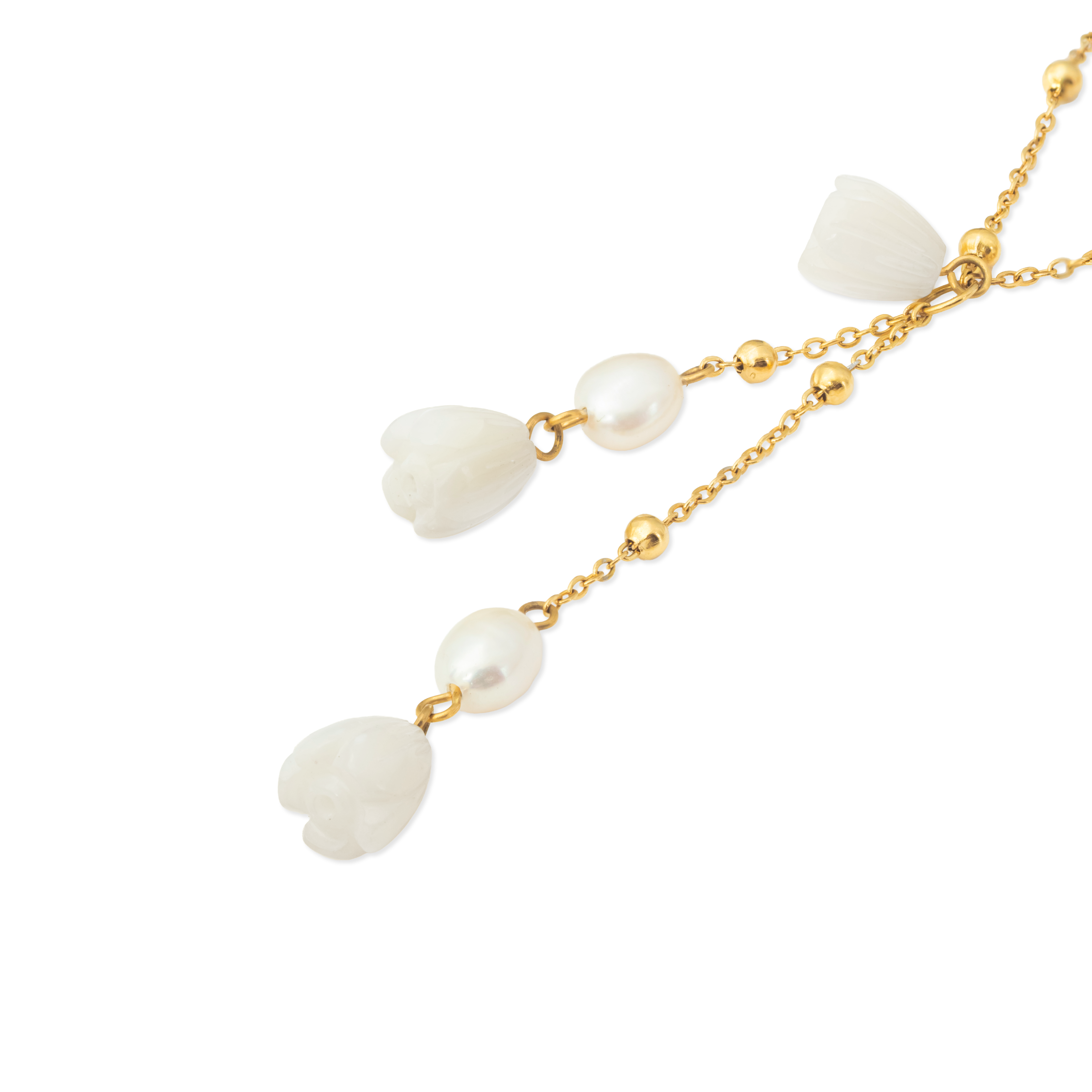 Pikake Bloom layered necklace with sculpted pikake flower pendant, freshwater pearls and mother of pearl buds