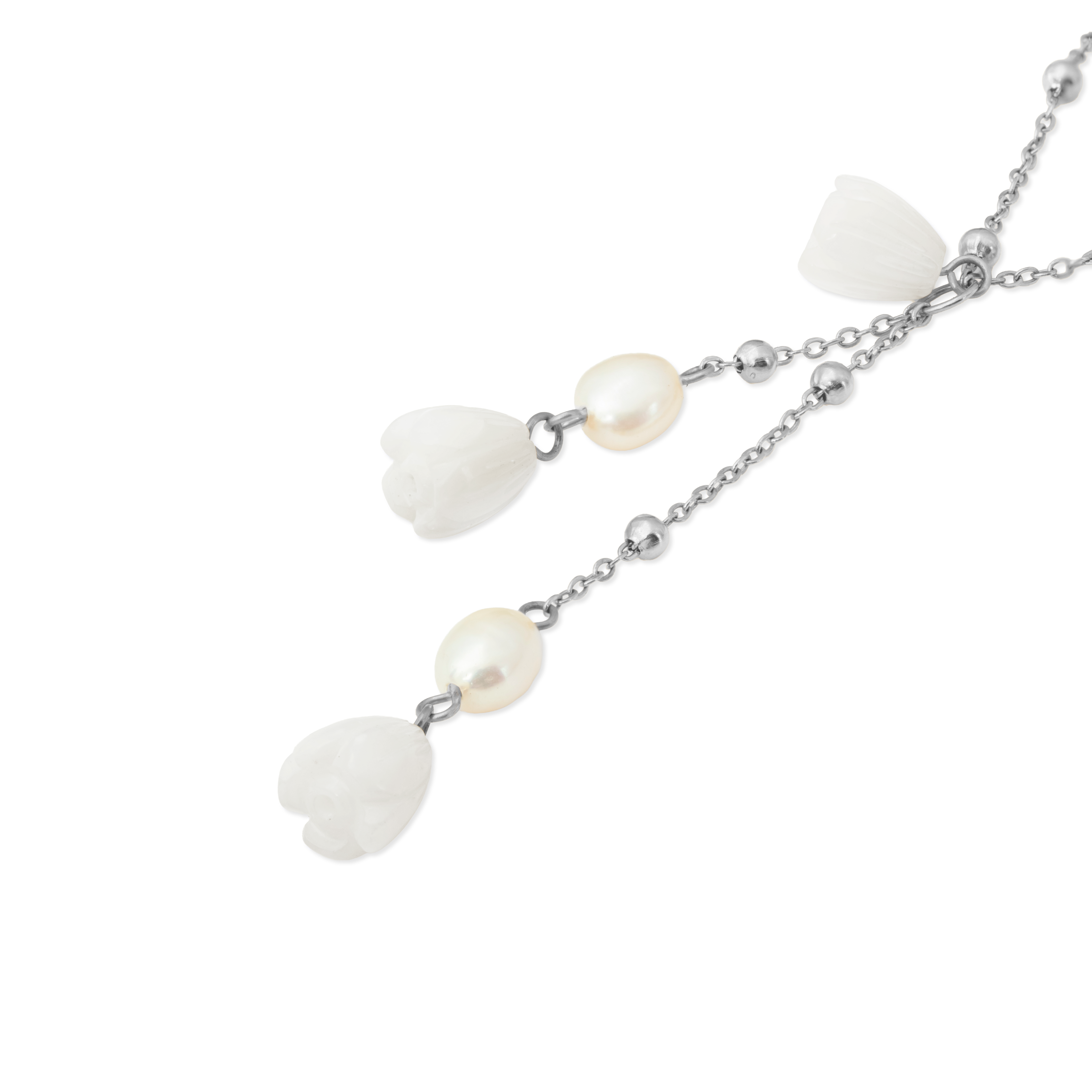 Pikake Bloom layered necklace with sculpted pikake flower pendant, freshwater pearls and mother of pearl buds