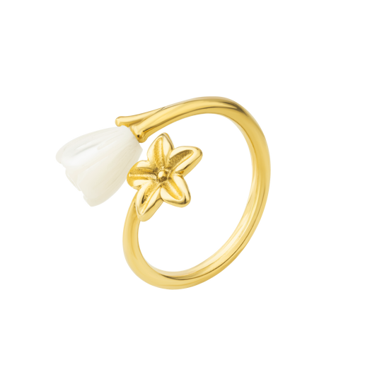 Pikake Bloom wrap ring with pikake flower and mother of pearl bud on a bypass band