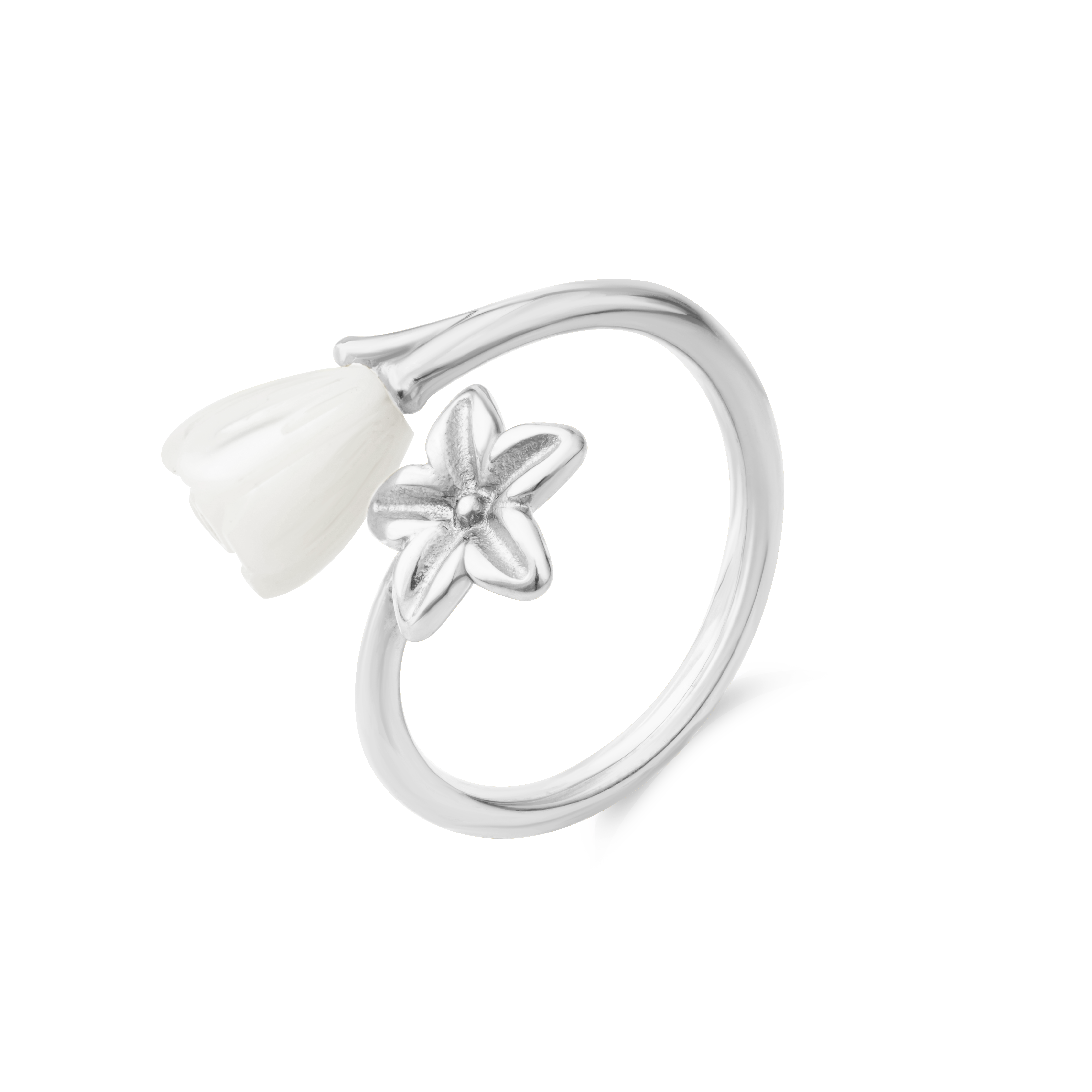 Pikake Bloom wrap ring with pikake flower and mother of pearl bud on a bypass band