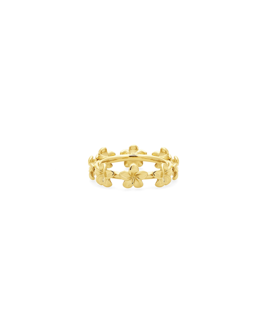 
Plumeria Bloom Cluster Ring in 14k gold, row of plumeria blossoms across the band
