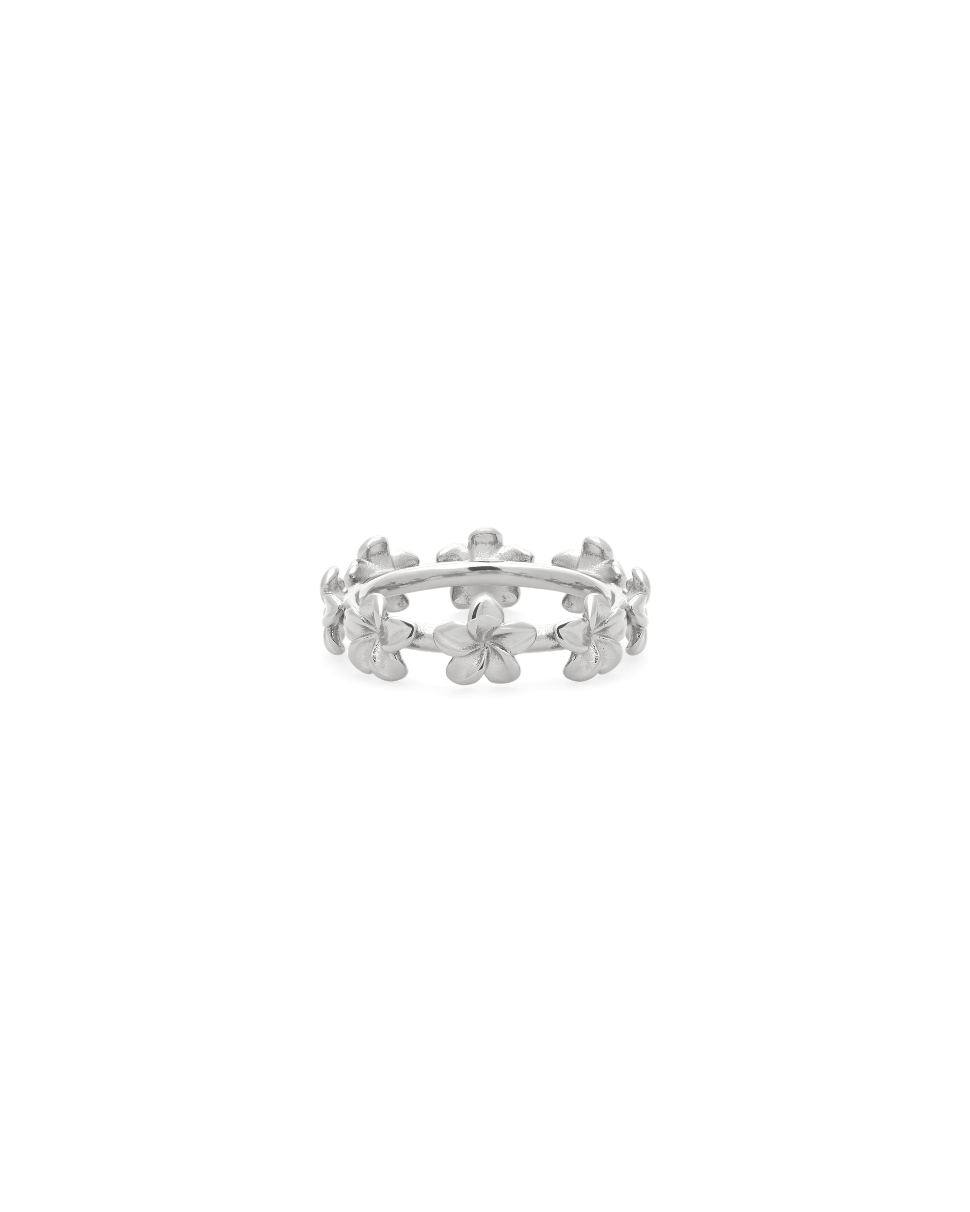 
Plumeria Bloom Cluster Ring in silver, row of plumeria blossoms across the band