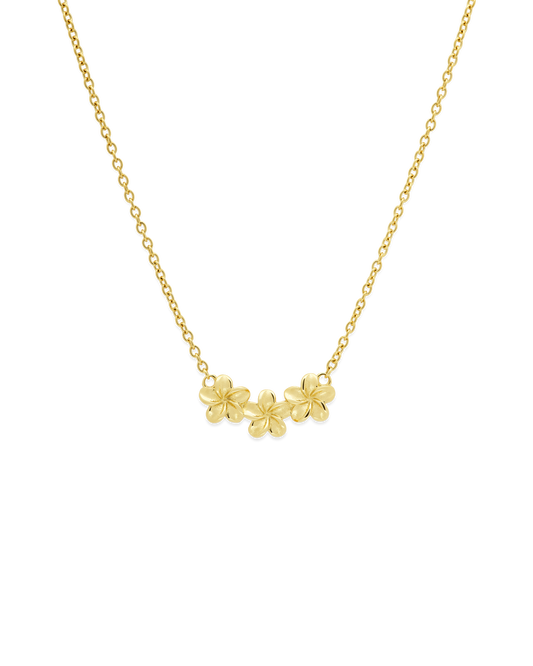 
Plumeria Bloom Collar Necklace in 14k gold, trio of plumeria blossoms on a short chain