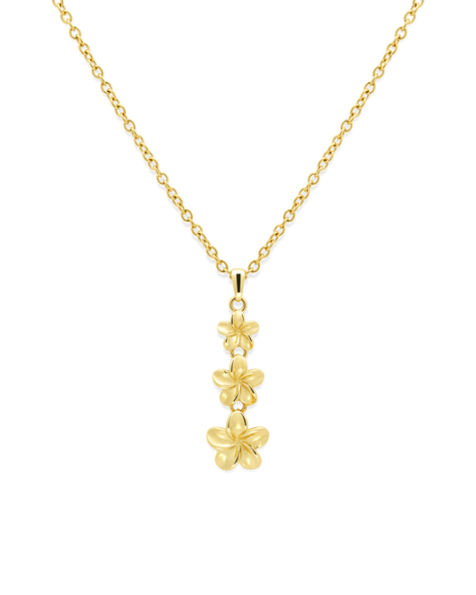 
Plumeria Bloom Drop Necklace in 14k gold, three graduated plumeria charms on a fine chain