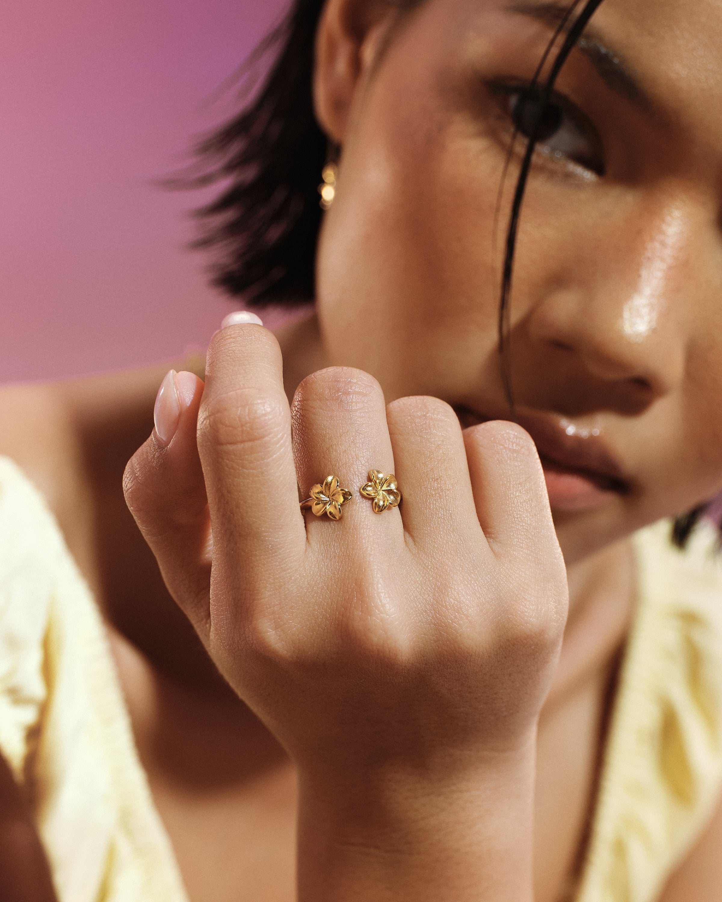 
Model wearing the Plumeria Bloom Embrace Ring