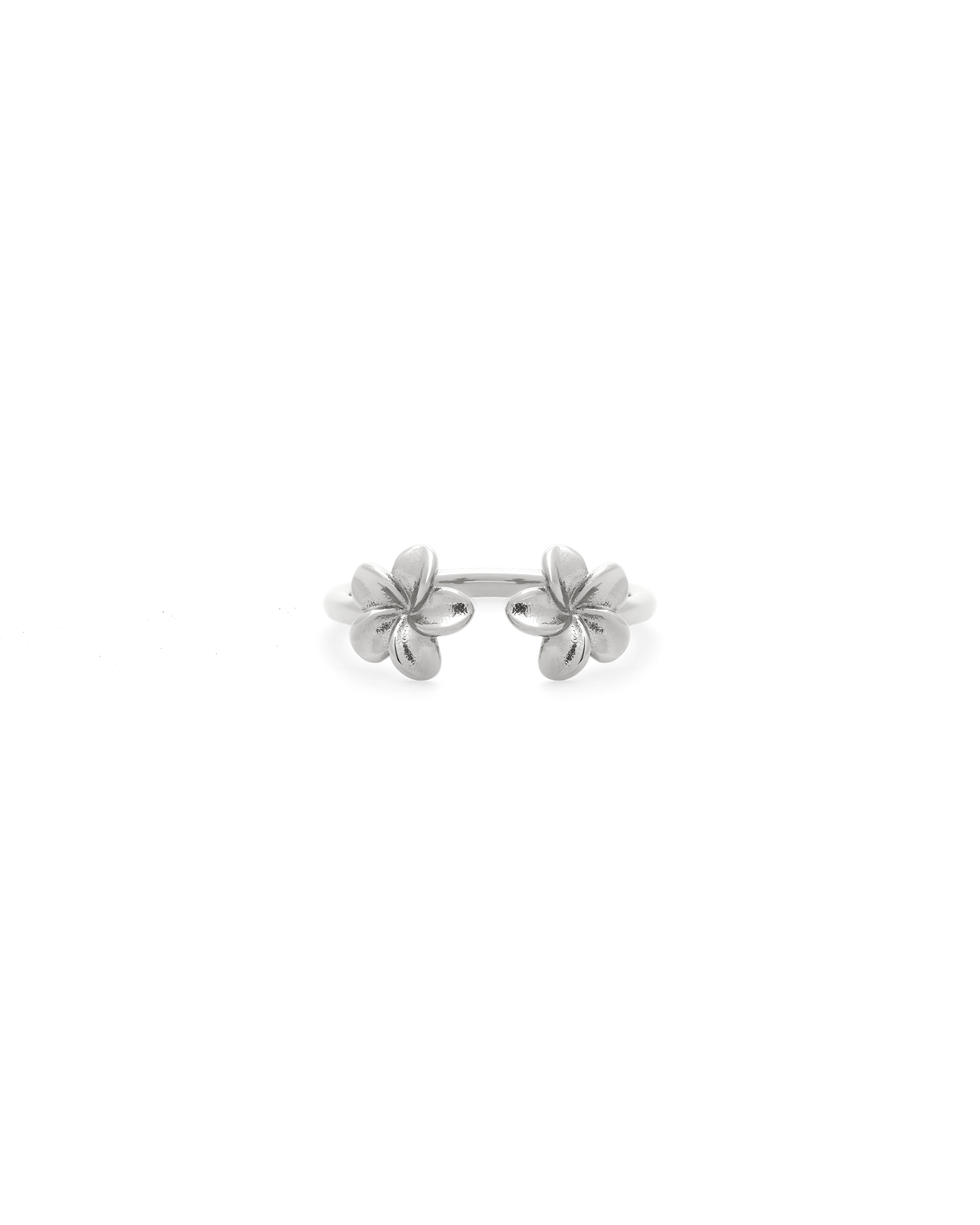 
Plumeria Bloom Embrace Ring in silver, open band with a plumeria blossom at each end