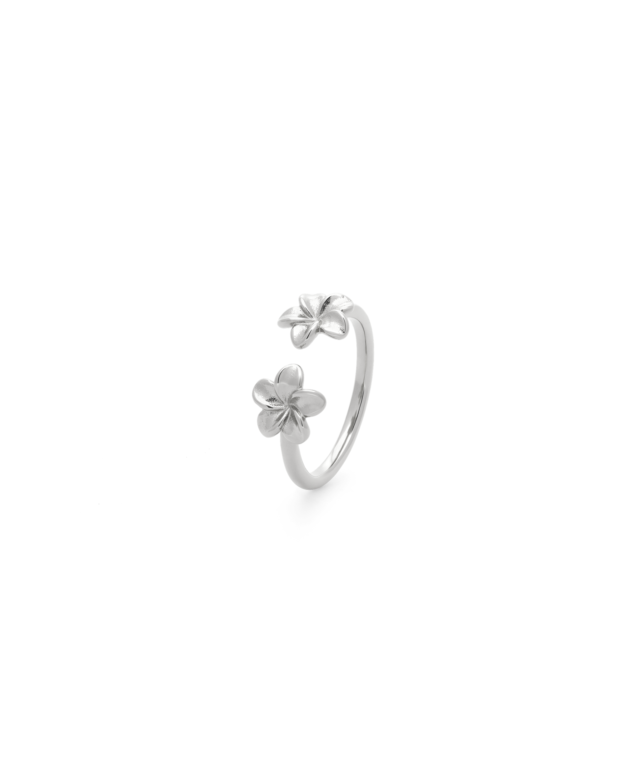 
Plumeria Bloom Embrace Ring in silver, angled view of the open band