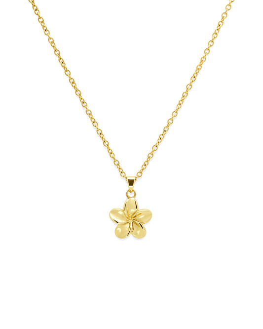 
Plumeria Bloom Necklace in 14k gold, single plumeria pendant with a crystal center
