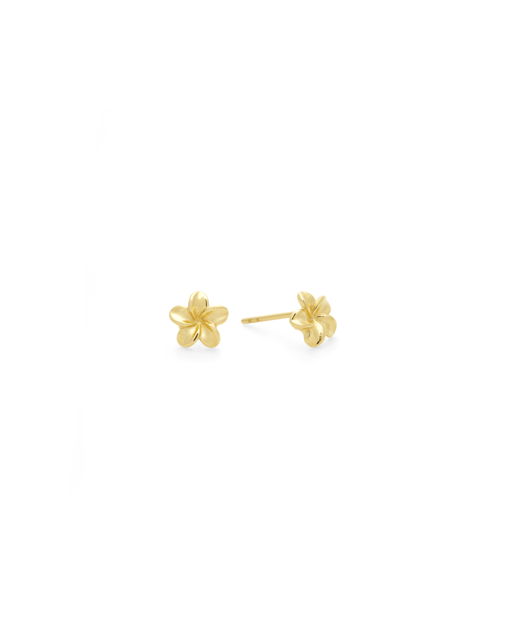 
Plumeria Bloom Stud Earring in 14k gold, pair of plumeria studs with crystal centers