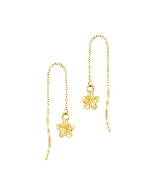 
Plumeria Bloom Threader Earring in 14k gold, pair of plumeria charms on threader chains
