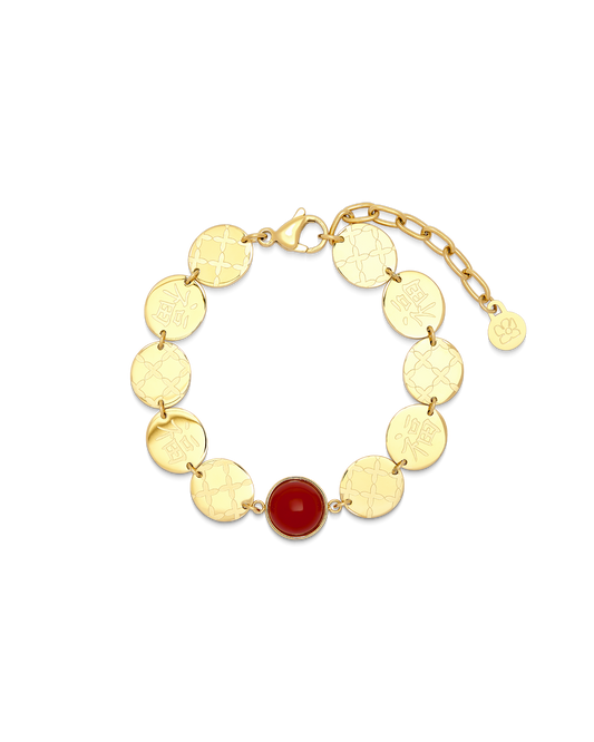 
Scarlet Fortune Coin Bracelet in 14k gold, fortune coins with a red carnelian