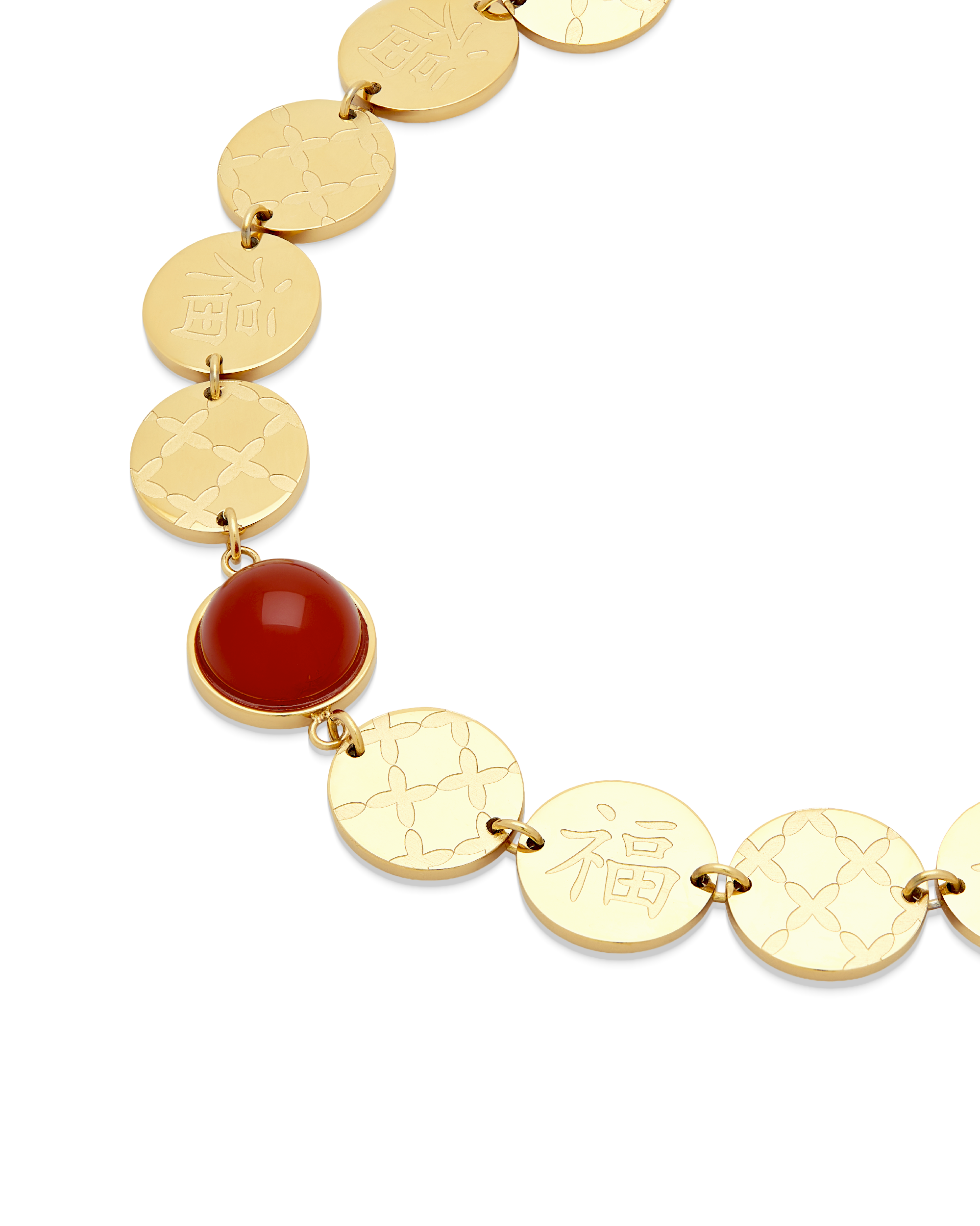
Scarlet Fortune Coin Bracelet in 14k gold, close view of the coins and carnelian
