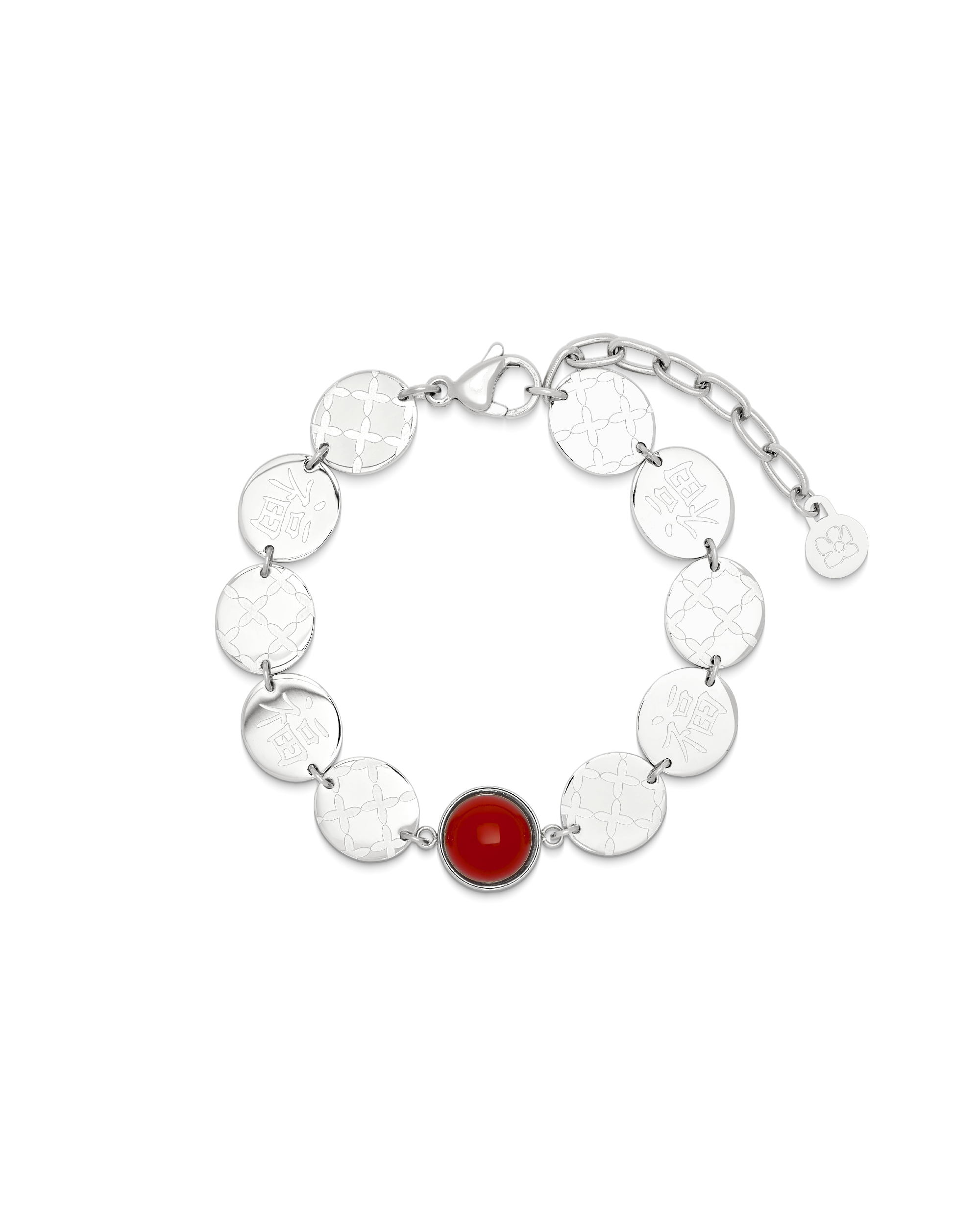 
Scarlet Fortune Coin Bracelet in silver, fortune coins with a red carnelian