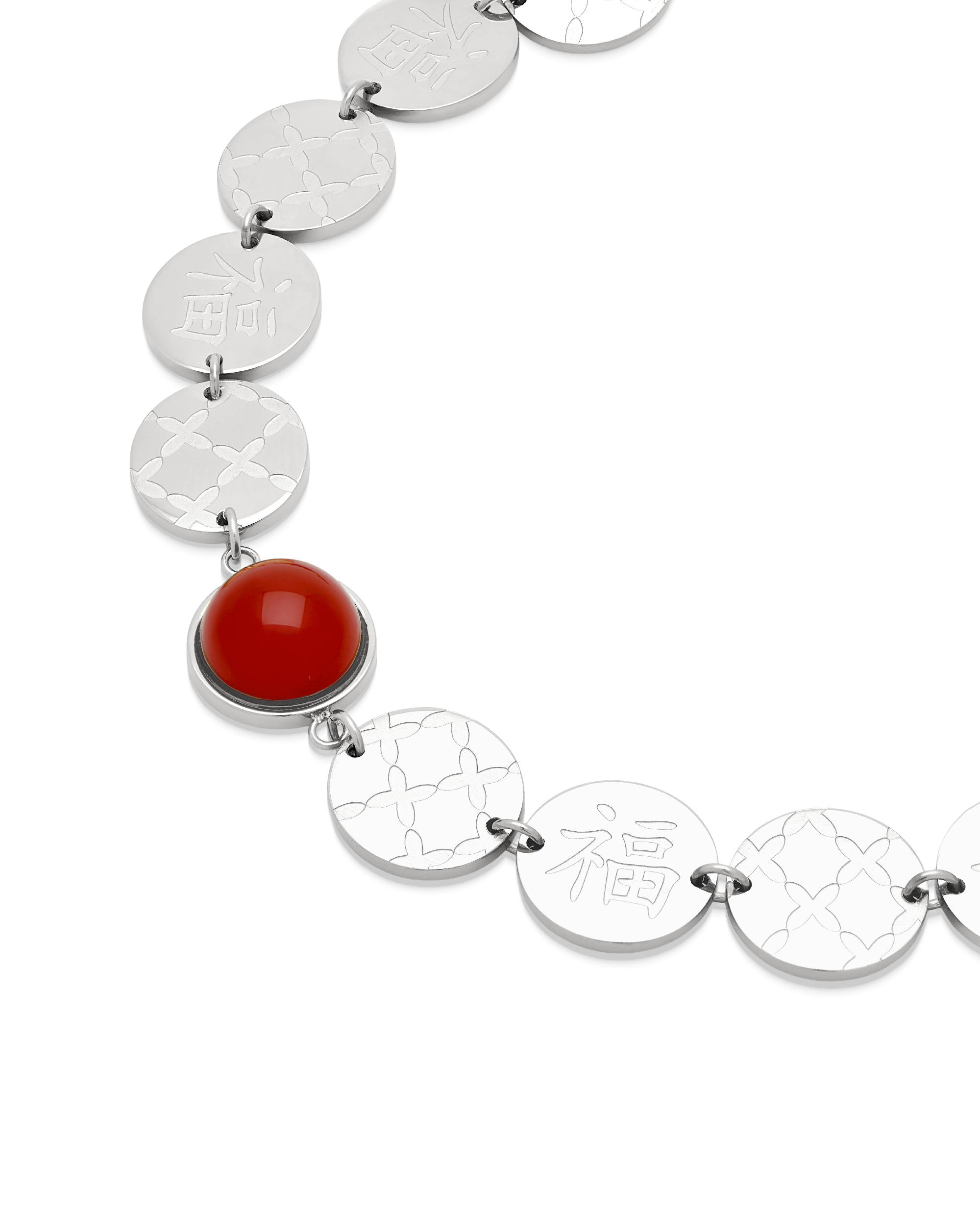 
Scarlet Fortune Coin Bracelet in silver, close view of the coins and carnelian