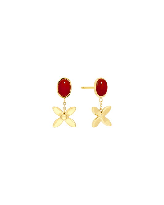 
Scarlet Glow Drop Earring in 14k gold, oval red carnelian above a golden bloom