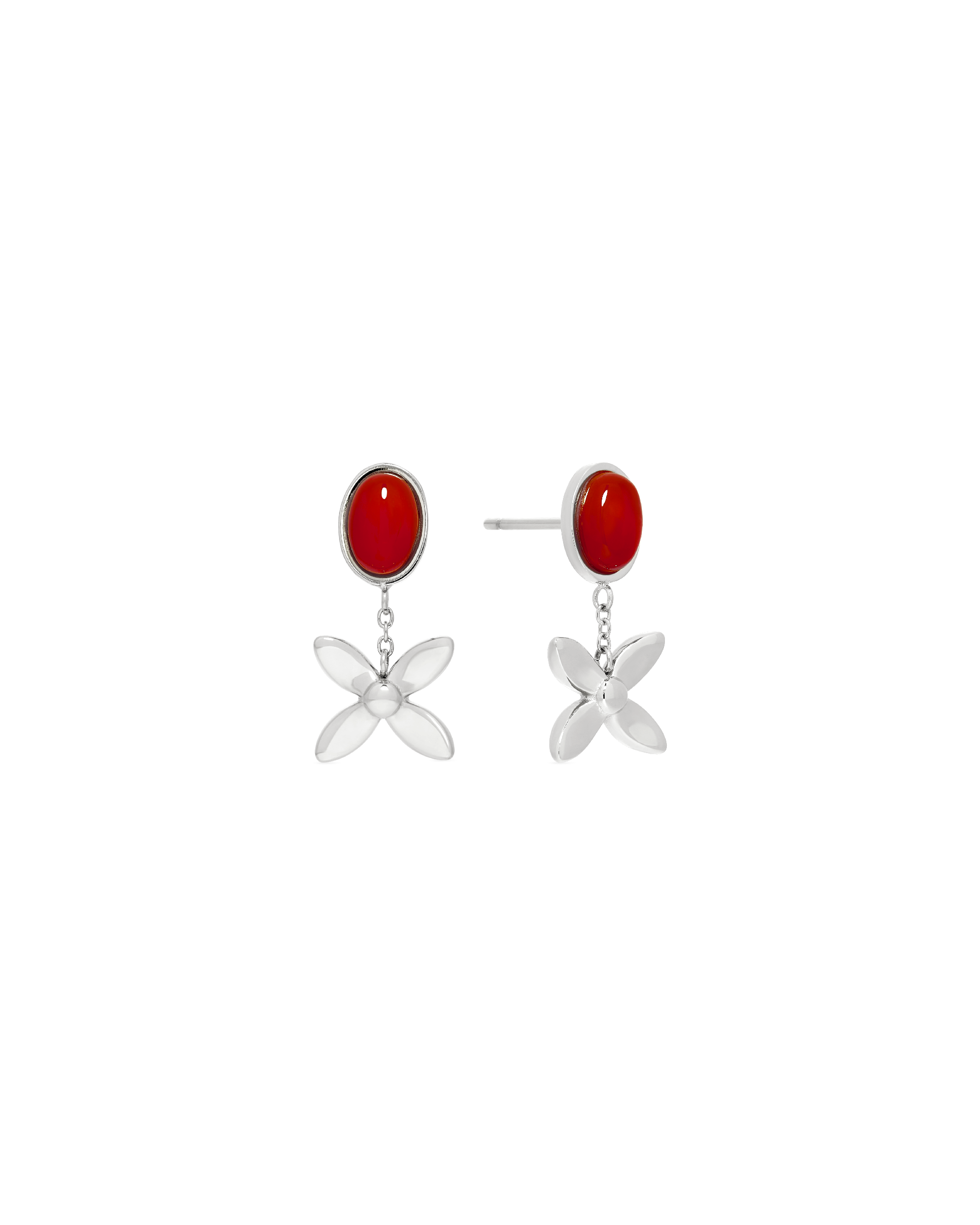 
Scarlet Glow Drop Earring in silver, oval red carnelian above a bloom