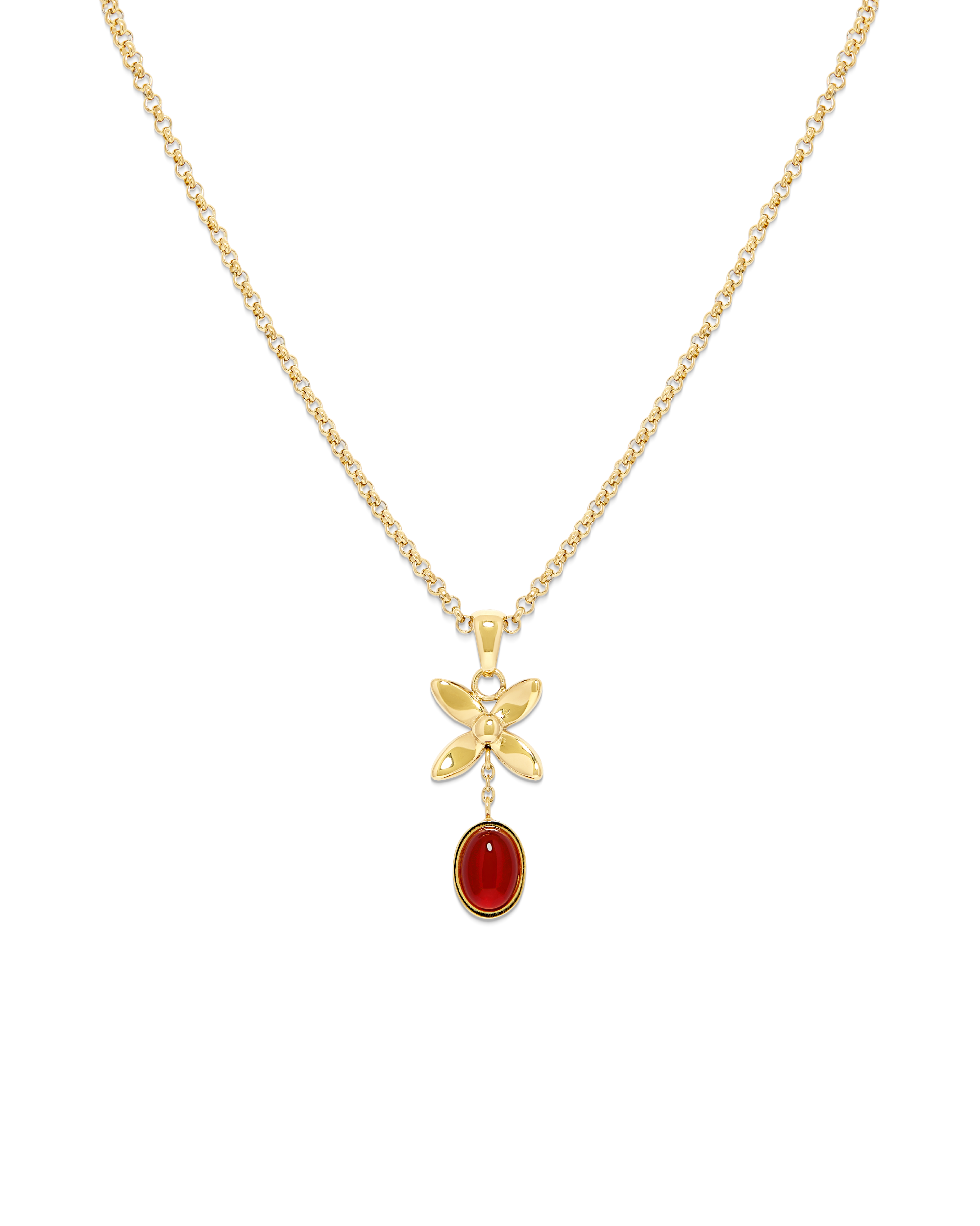 
Scarlet Glow Necklace in 14k gold, four-petal bloom with an oval red carnelian drop
