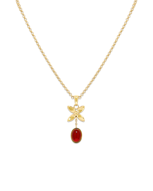 
Scarlet Glow Necklace in 14k gold, four-petal bloom with an oval red carnelian drop