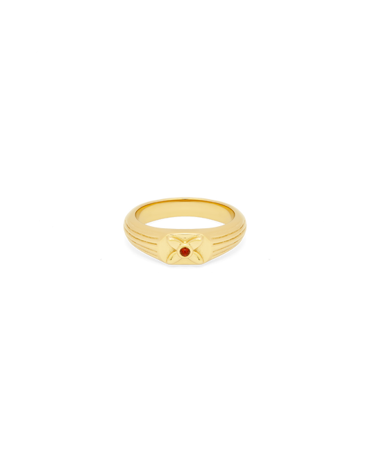 
Scarlet Seal Ring in 14k gold, woven lattice signet set with a red carnelian