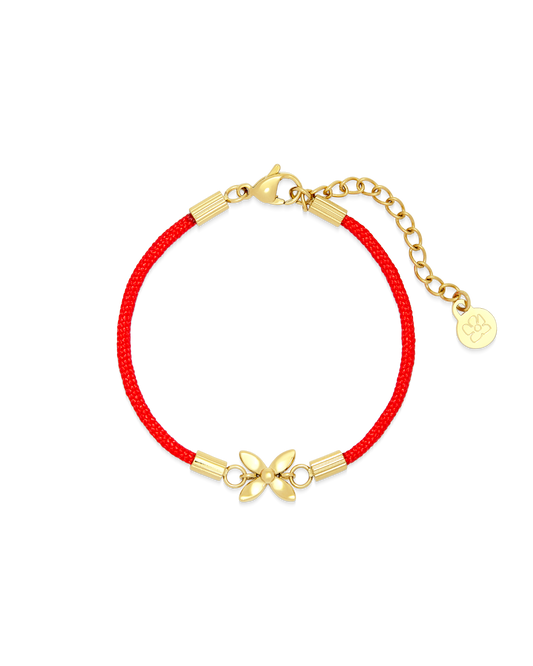 
Scarlet String Bracelet in 14k gold, braided red cord with a golden bloom