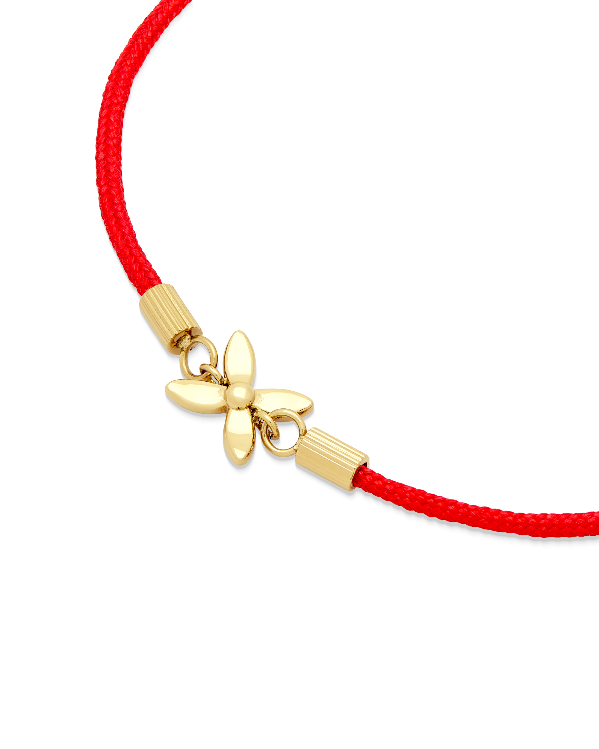 
Scarlet String Bracelet in 14k gold, close view of the bloom on red cord