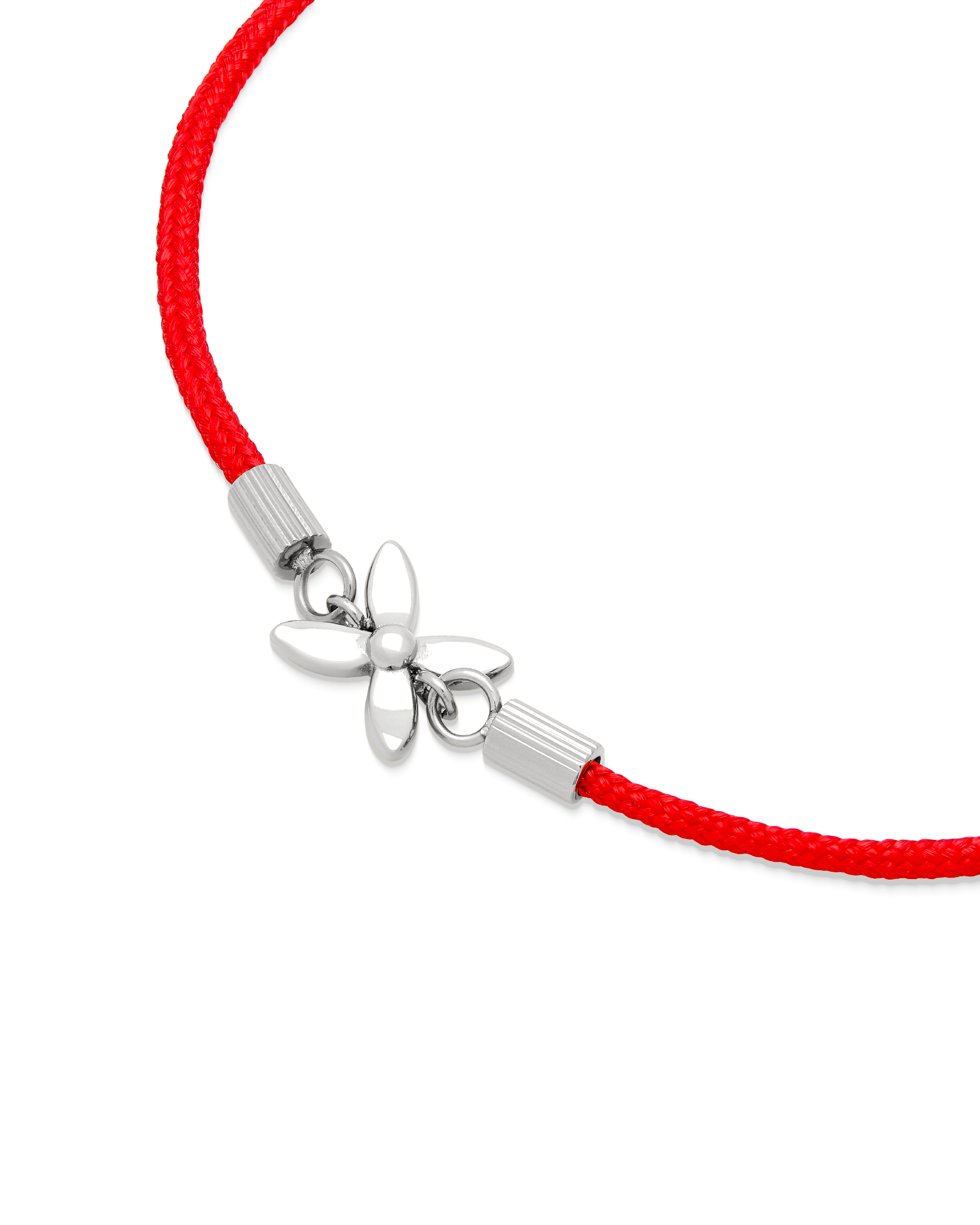 
Scarlet String Bracelet in silver, close view of the bloom on red cord