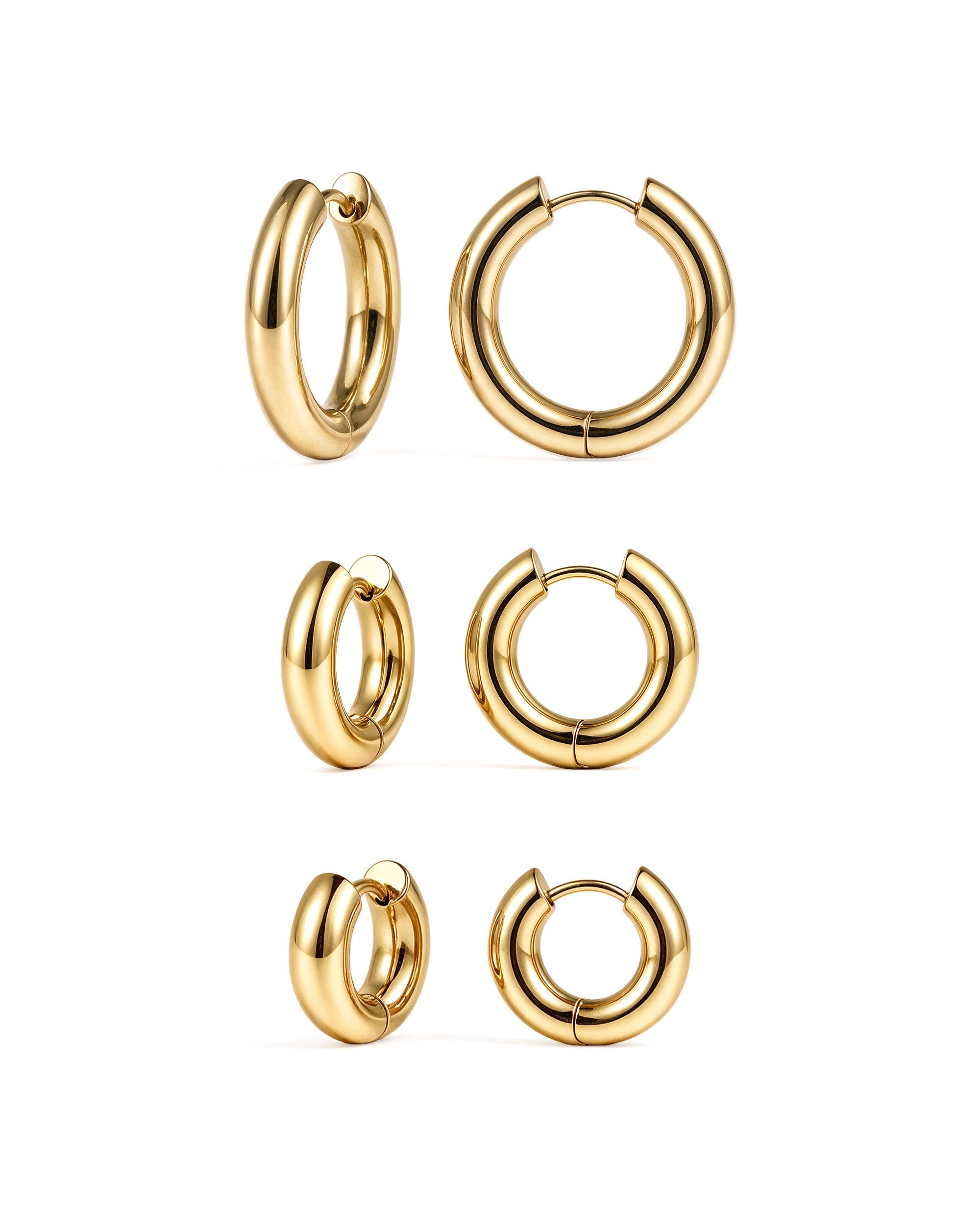 
Triple Chunky Endless Hoops in gold, three pairs front and side